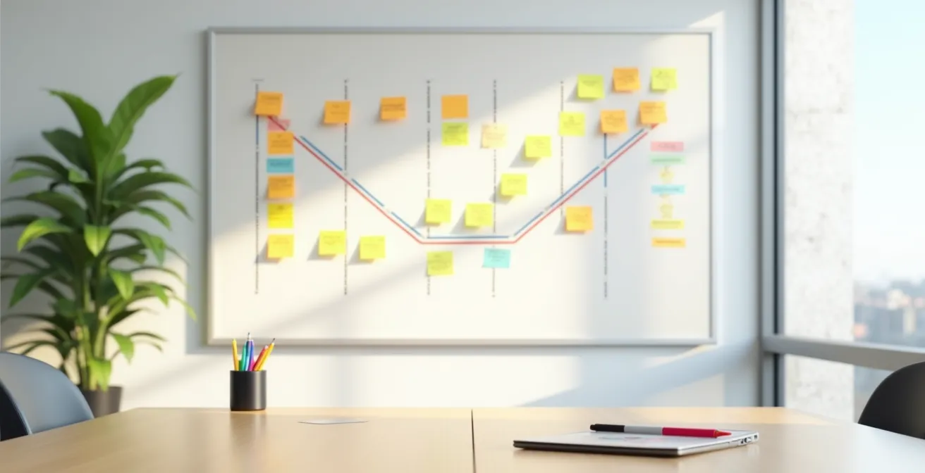 Pizarra con columnas organizativas y notas adhesivas en reunión vecinal