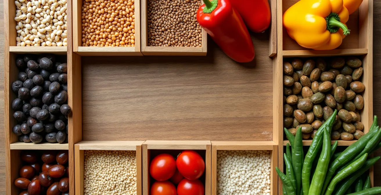 Mesa de cocina vista desde arriba con productos frescos de temporada organizados por días de la semana