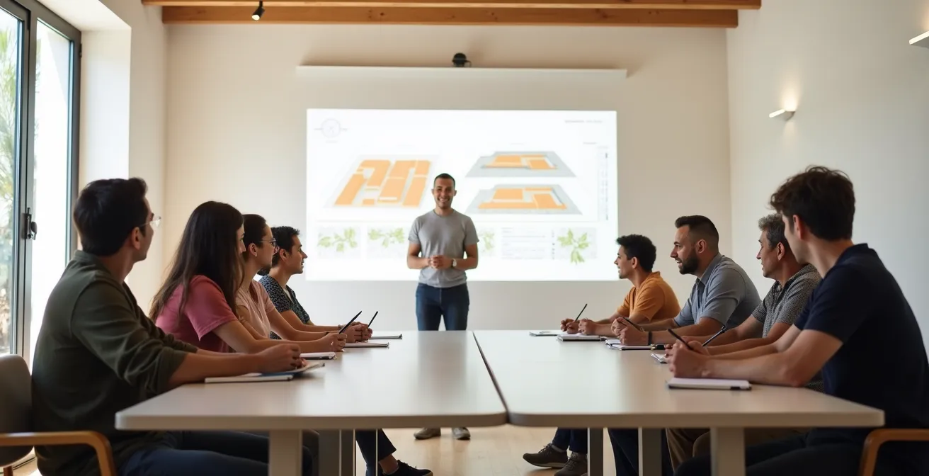 Reunión de vecinos viendo presentación de proyecto solar con visualización arquitectónica