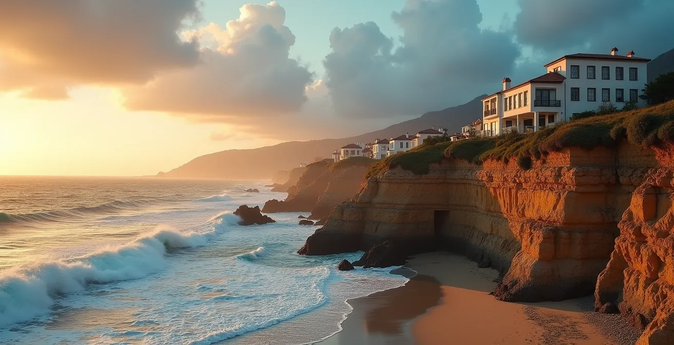 Vista amplia de casas costeras con evidencias de erosión y subida del nivel del mar
