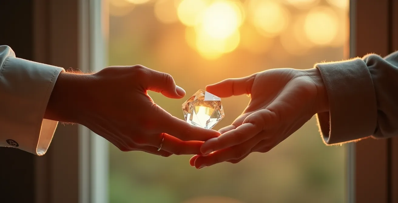 Manos de diferentes generaciones intercambiando herramientas de trabajo simbólicas