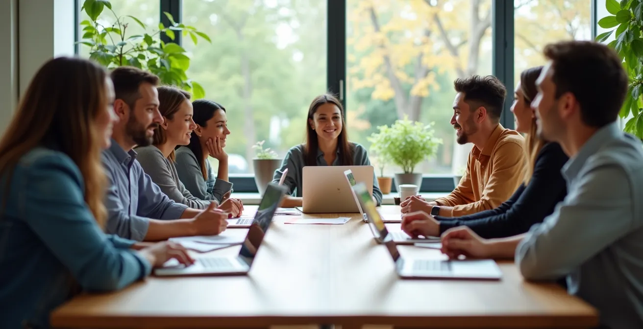 Grupo de cooperativistas reunidos analizando documentos financieros con asesores