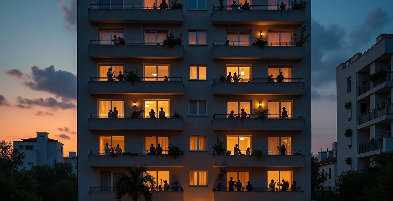 Vecinos participando en rituales de conexión desde sus balcones durante una crisis