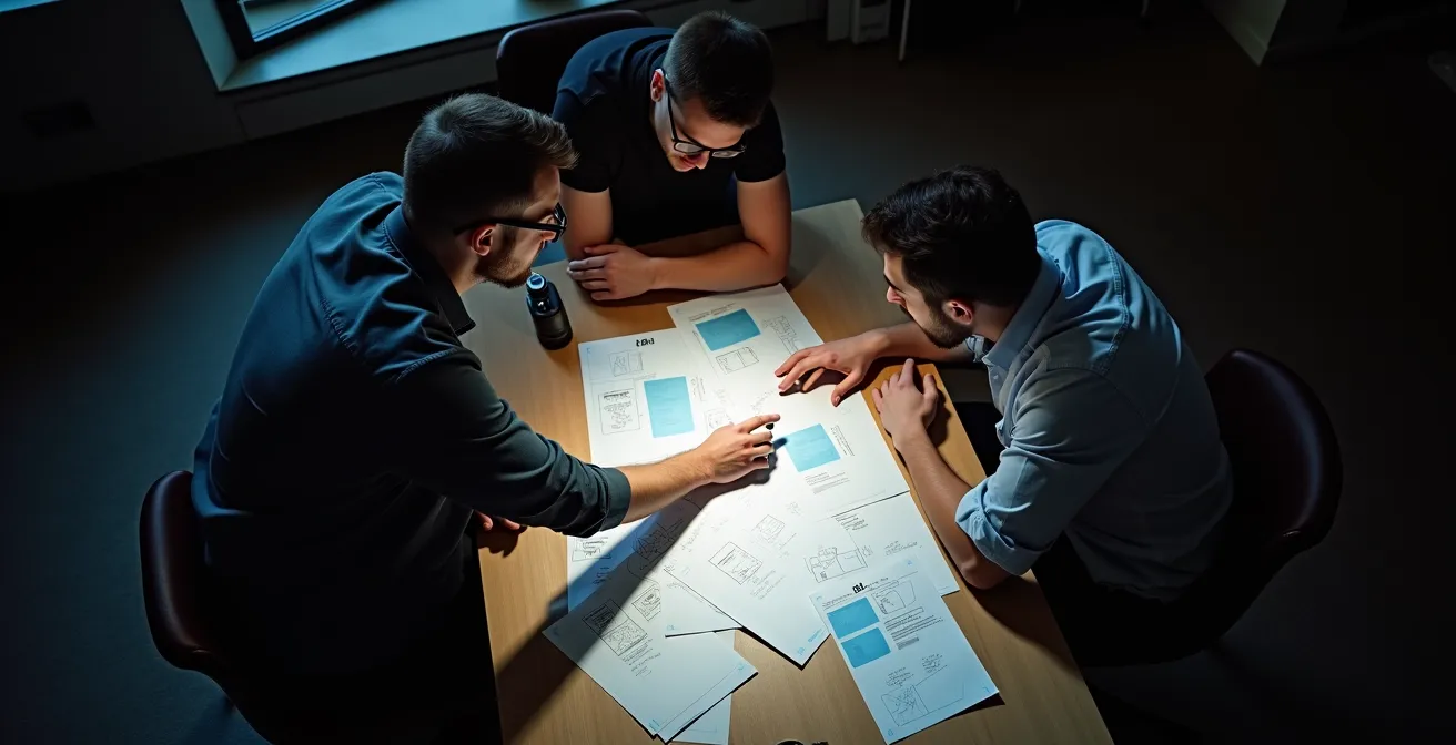 Grupo pequeño de activistas en reunión estratégica intensiva con mapas y diagramas borrosos en pizarra