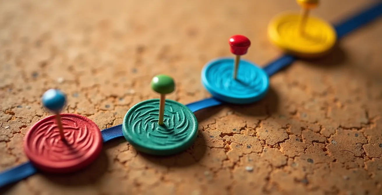 Vista macro de un tablero físico con badges coloridos y barra de progreso visual