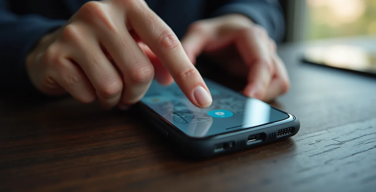 Manos configurando un teléfono móvil con opciones de seguridad avanzada activadas