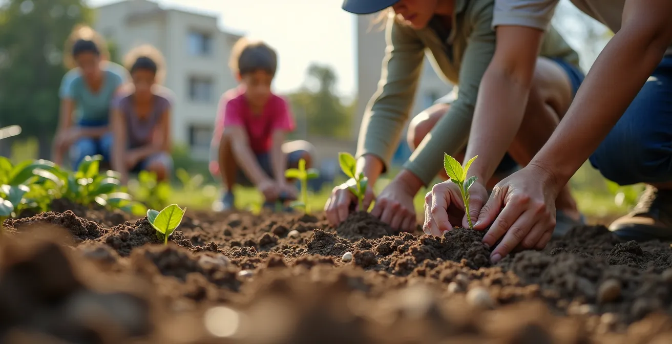 Voluntarios de diferentes edades trabajando juntos transformando un terreno baldío en un huerto urbano con herramientas de jardinería