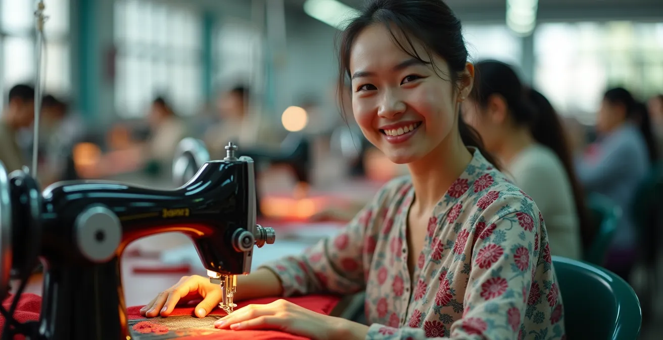 Trabajadora textil asiática en su puesto de trabajo con documentos de transparencia salarial