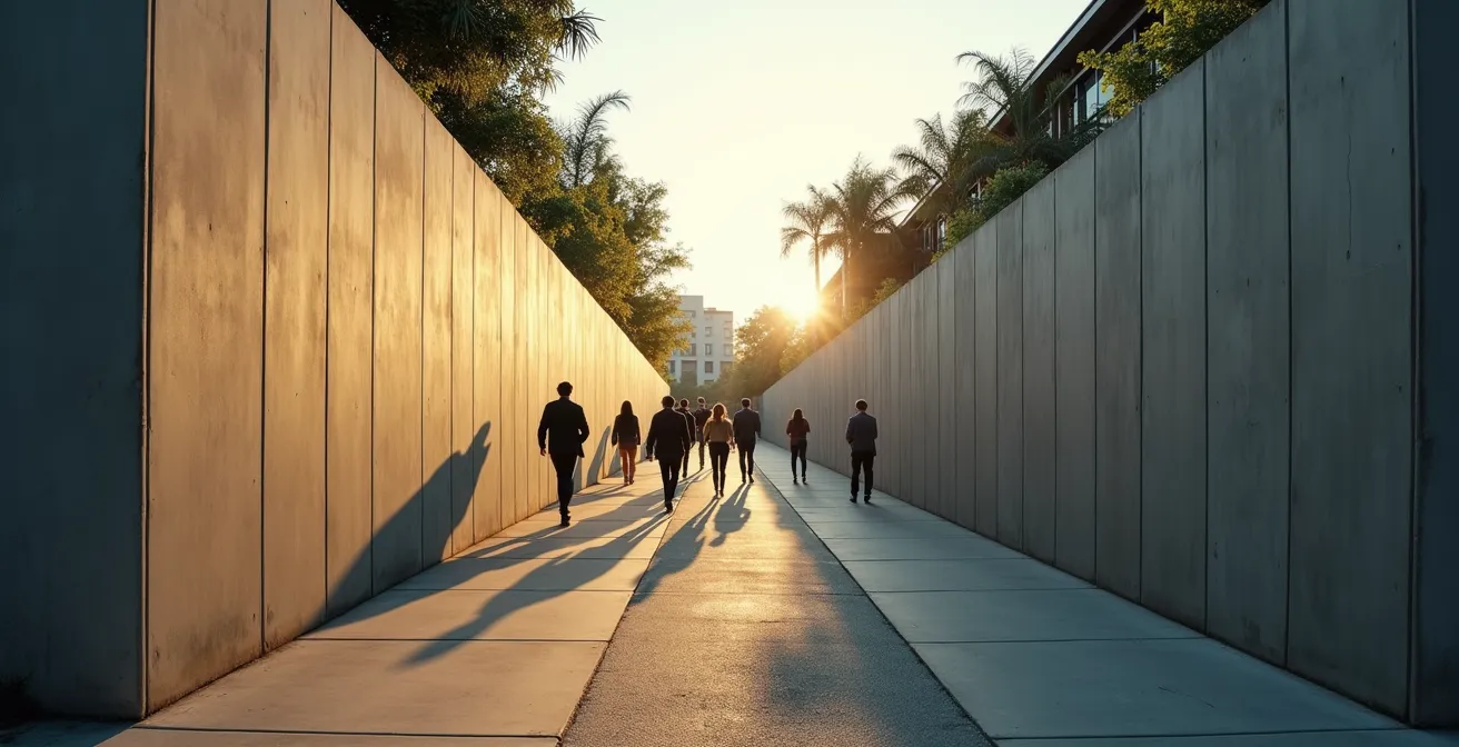 Vista de una calle dividida por un alto muro, mostrando el contraste entre el espacio público abierto y la urbanización cerrada