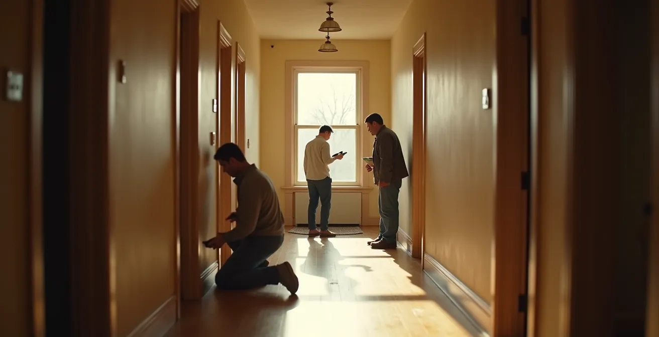 Grupo de vecinos revisando juntos el aislamiento de ventanas en el rellano de un edificio