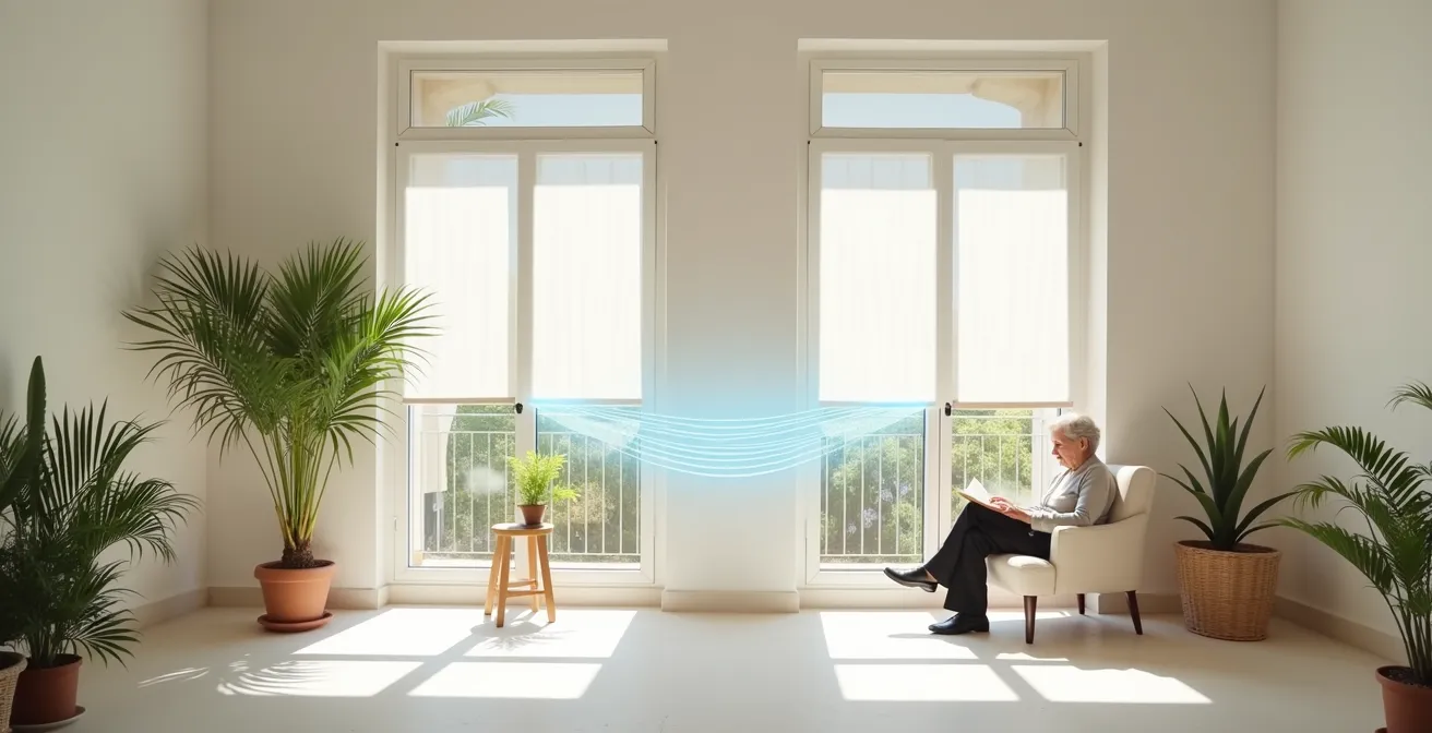 Diagrama visual mostrando el flujo de aire por ventilación cruzada en un hogar durante el verano