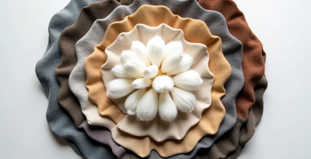 Vista cenital de muestras de tejidos y fibras organizadas en capas concéntricas representando los diferentes niveles de la cadena de suministro.