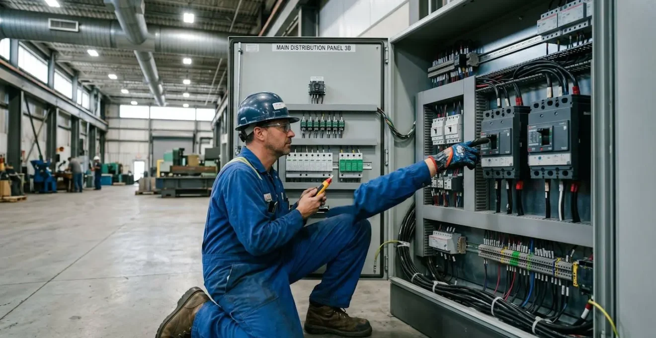 Técnico revisando cuadro eléctrico industrial con sistemas de protección contra sobretensiones