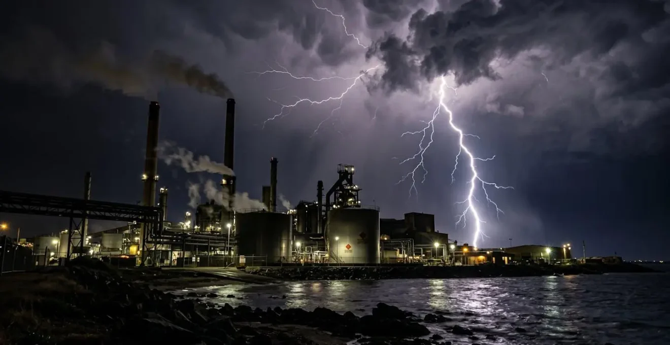 Rayo impactando en las proximidades de una planta industrial durante una tormenta nocturna