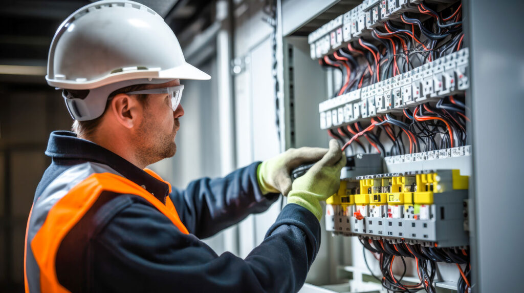 Técnico revisando cuadro eléctrico industrial con sistemas de protección contra sobretensiones Técnico revisando cuadro eléctrico industrial con sistemas de protección contra sobretensiones