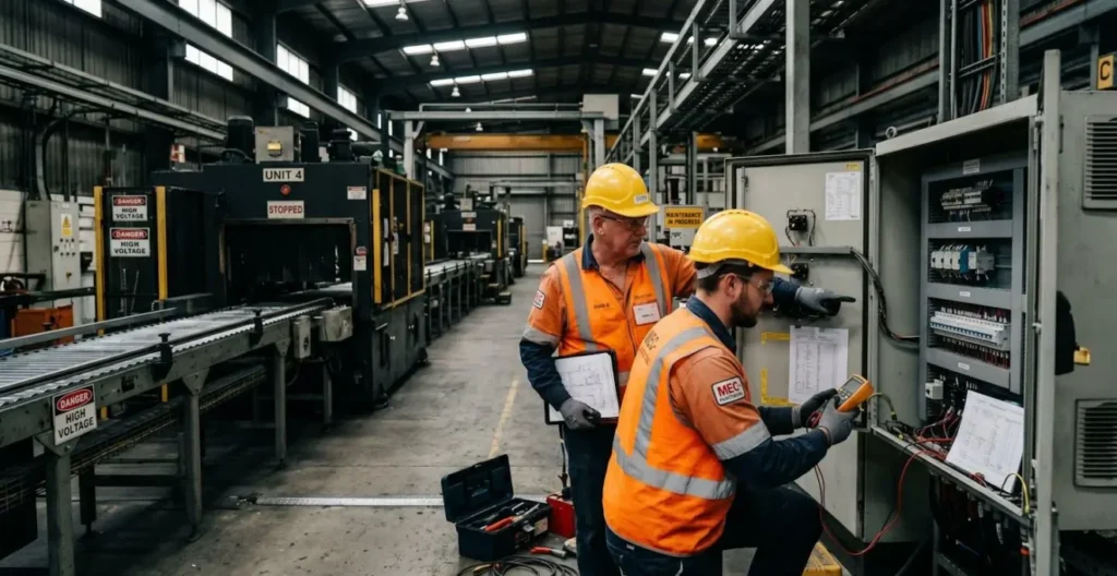 Línea de producción industrial detenida con operarios evaluando el estado de los equipos tras un incidente eléctrico Línea de producción industrial detenida con operarios evaluando el estado de los equipos tras un incidente eléctrico